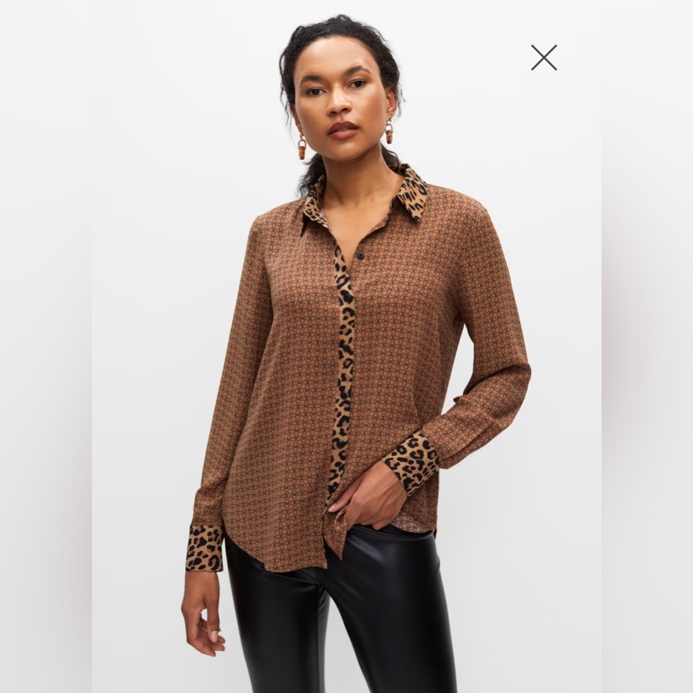 Button-Down Geometric Print Blouse with Cheetah Detailing